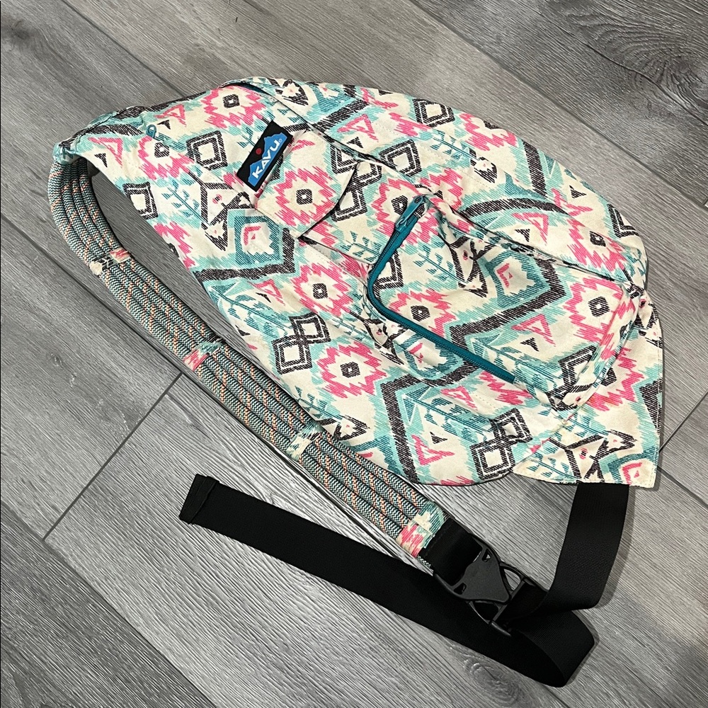 Kavu Teardrop Sling Bag in Pink & Teal Aztec